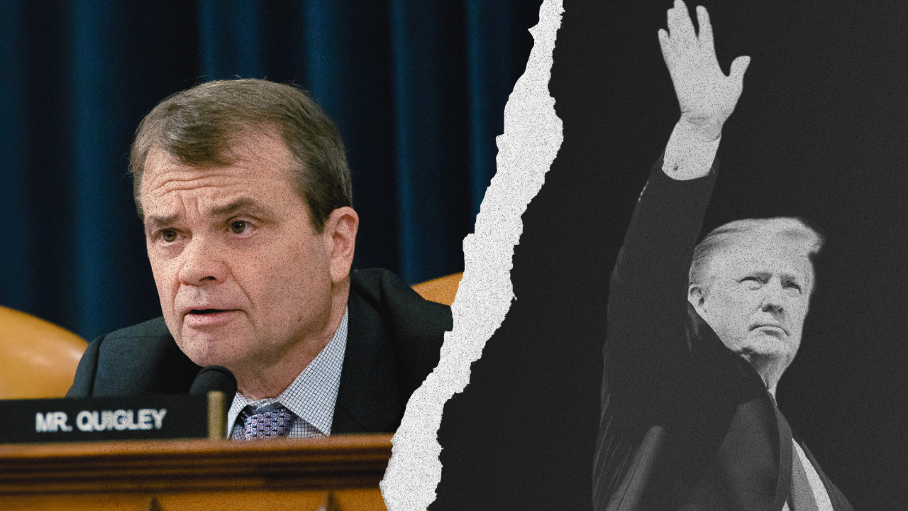 A stern Quigley on the left in color and waving Trump on the right in black and white