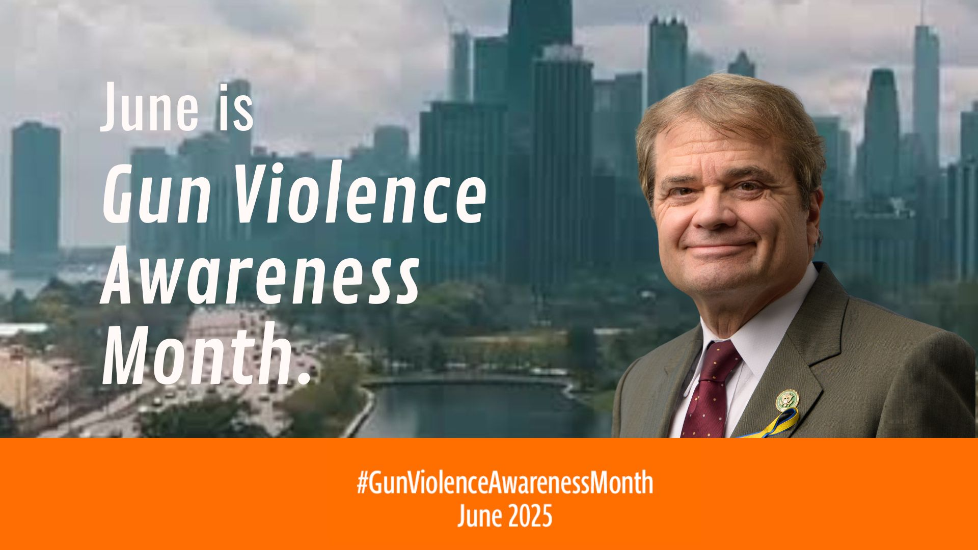 rep. quigley's headshot with the chicago skyline in the background and 