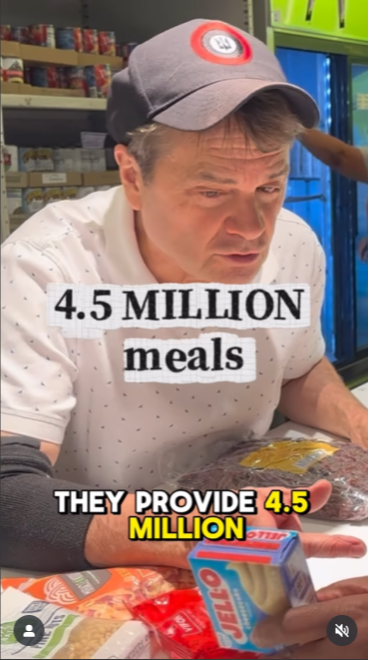 Thumbnail of Quigley leaning over a counter with the text 4.5 million meals over