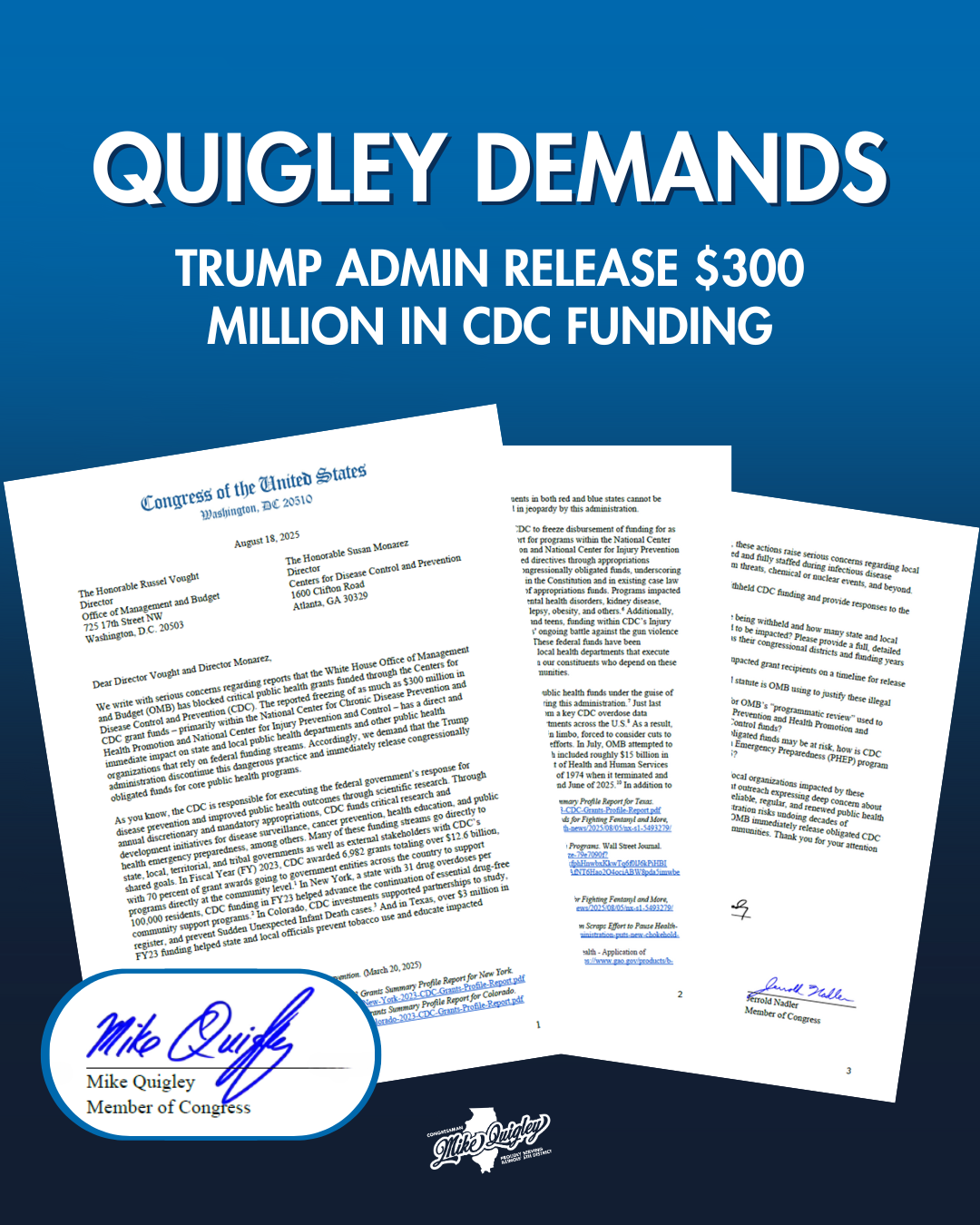 A graphic with images of a letter demanding the release of CDC funding