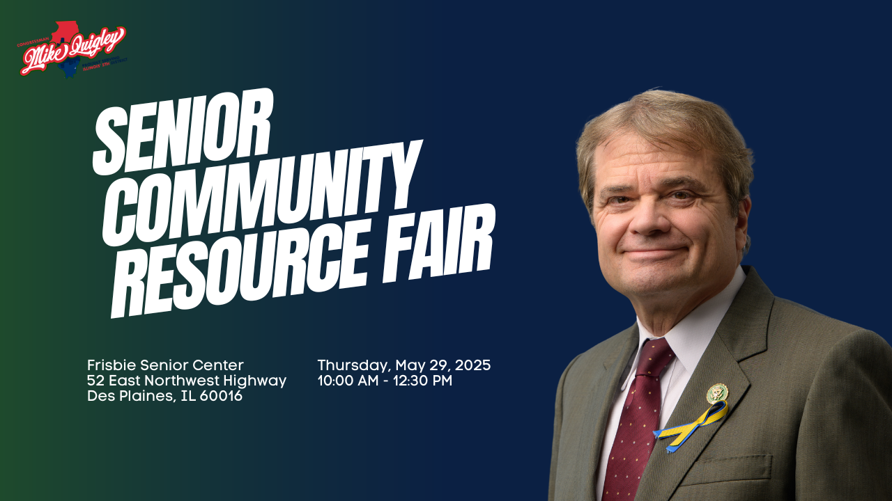 a blue and green graphic with mike quigley for his senior community resource fair on may 29, 2025