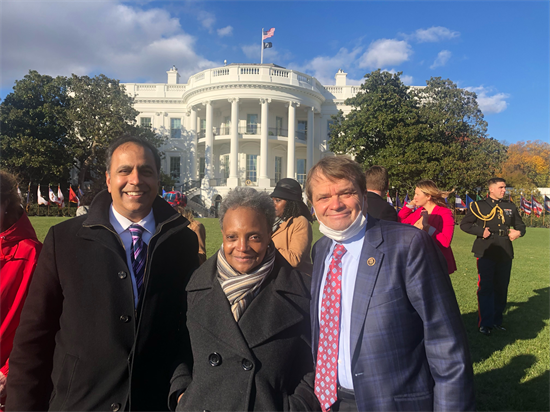 Rep Quigley stands with Chicago Mayor Lori Lightfoot, and Congressman Raja Krishnamoorthi in front of the White House