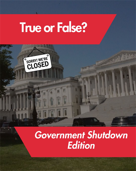 The US Capitol with a closed banner and true or false questions