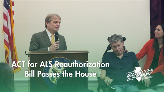 Quigley stands with ALS advocates Brian and Sandra, text reads ACT for ALS passes the House